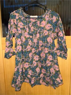 Natural Life Women's boho Floral 3/4 Sleeve Tunic 100% Cotton Blouse S/M